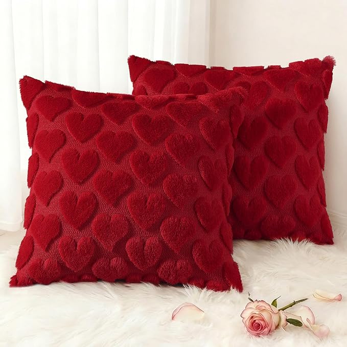 decorUhome Valentine’s Day Soft Plush Throw Pillow Covers 18x18 Inch Set of 2, Faux Fur Red Heart Decoration Neutral Square Pillow Covers for Couch Sofa Bed Cozy Farmhouse Holiday Decor