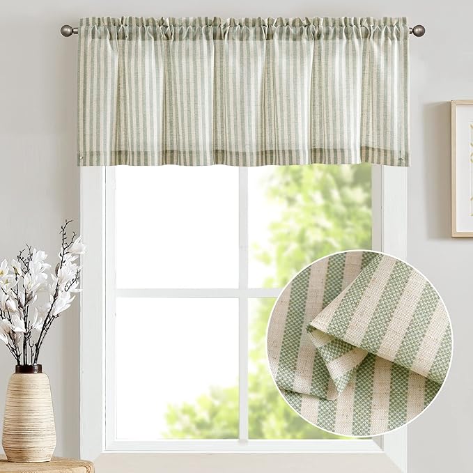 jinchan Valance Curtain Linen Textured Striped Window Curtain for Living Room Light Filtering Farmhouse Valance for Kitchen Rod Pocket 1 Panel 16 Inch Sage Green on Linen 1 Panel