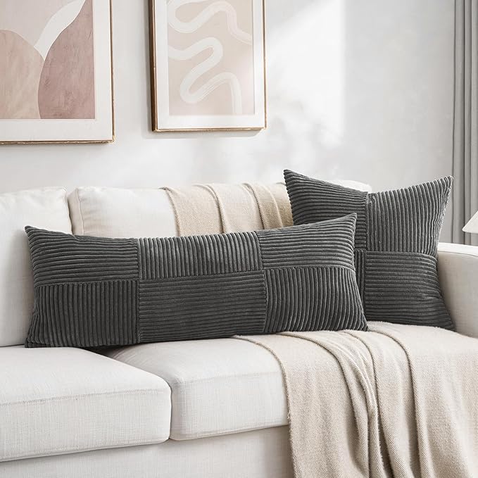 Fancy Homi 2 Packs Dark Gray Decorative Throw Pillow Covers 20x20 Inch for Living Room Couch Bed Sofa, Farmhouse Boho Home Decor, Soft Corss Corduroy Patchwork Accent Square Cushion Case 50x50 cm