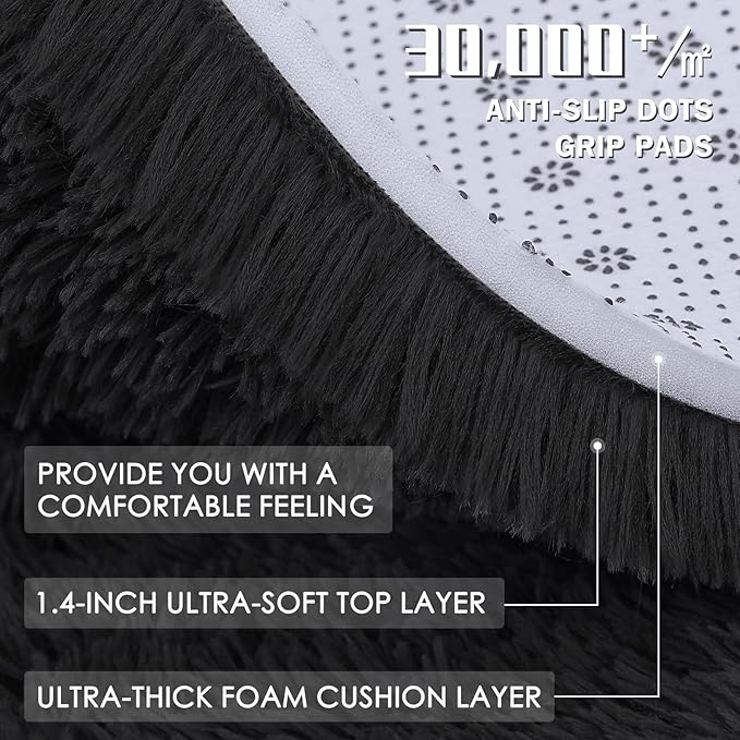 OLANLY 3x3 Machine Washable Small Bedside Rug, Soft Fluffy Shaggy Entryway Throw Rugs for Bedroom, Living Room, Indoor Floor Carpet for Kids Girls and Boys, Nursery Rooms, Home Decor Aesthetic, Black