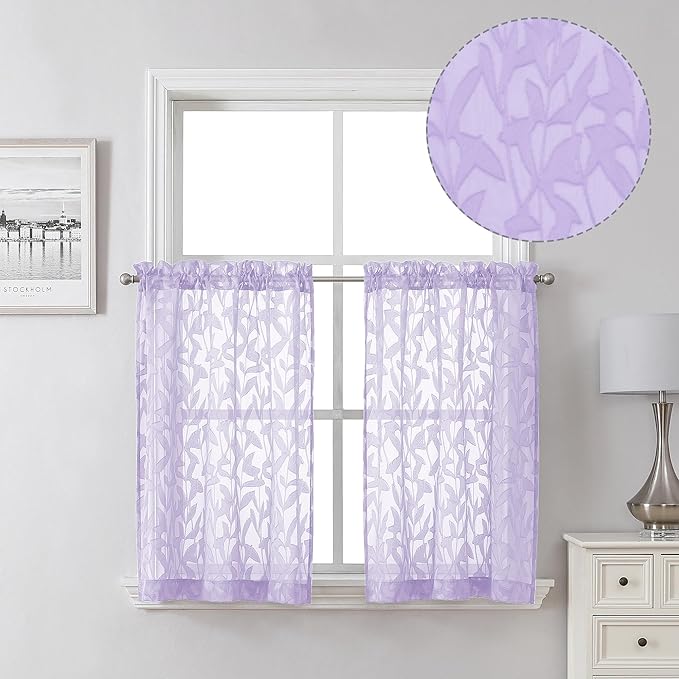 Lecloud Leia 2 PCS Light Purple Sheer Kitchen Curtains 36 Inch Length, Breathable Clip Textured Leaf Cafe Bedroom Voile Curtain Tiers, Dual Rod Pockets Jacquard Bathroom Bedroom Drapes, 38 W x 36 L