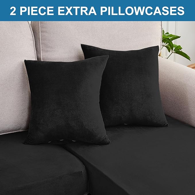 Couch Cover 8-Piece Elastic Velvet Couch Cushion Covers & Chaise Slipcovers for L-Shaped Sofas, Sofa Seat Covers Washable, Soft Cover for Couches (7 Seater + Chaise, Black)
