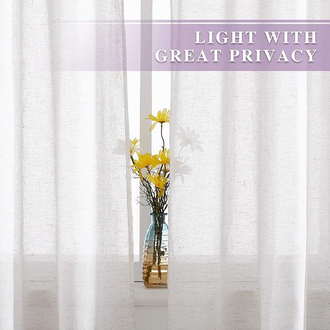 NICETOWN Linen Curtains Off White Sheer Flax Textured, Grommet Semi Linen Sheer Window Treatments Privacy with Light Filtering Vertical Drapes for Bedroom/Living Room, W52 x L84, 2 Panels