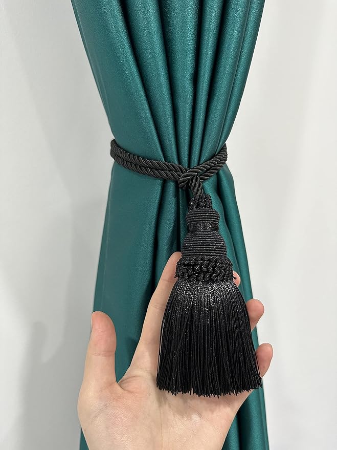 Fenghuangwu 2 Pack Curtain Tie Backs Rope Tassels for Curtains Drape tiebacks Handmade Outdoor Home and Outdoor Decorative (Black, 2p)
