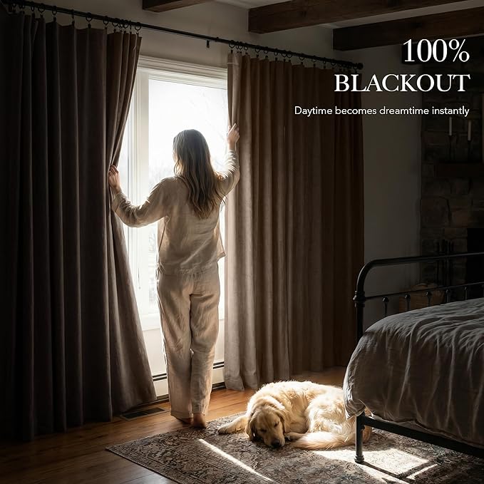 RYB HOME 100% Blackout Linen Textured Curtains 84 inches Long, Thermal Insulating Privacy Energy Saving for Bedroom Living Room Window Office Theater Dining Nursery, W 52 x L 84 in, Coffee, 2 Panels