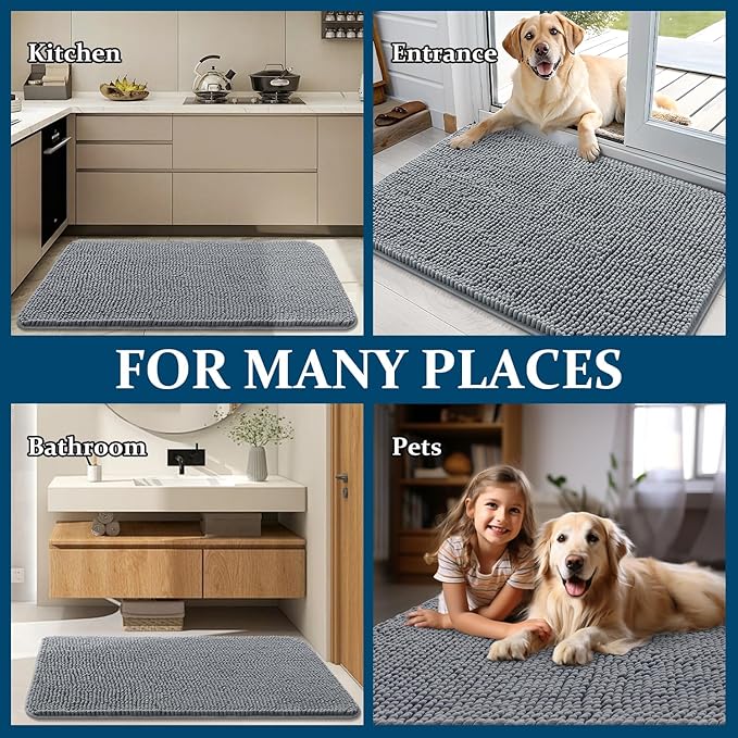 OLANLY Dog Door Mat for Muddy Paws 54x24, Absorbs Moisture and Dirt, Absorbent Non-Slip Washable Doormat, Quick Dry Chenille Mud Mat for Dogs, Entry Indoor Entryway Carpet for Inside Floor, Grey