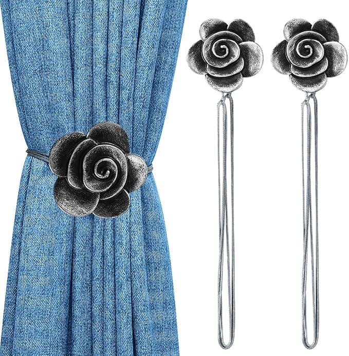 Lewondr Drapery Holders, Vintage Resin Flower Curtain Ties with Rope Curtain Holdbacks Window Curtain Decorative for Outdoor, Home Office, and Cafe Balcony - Ink