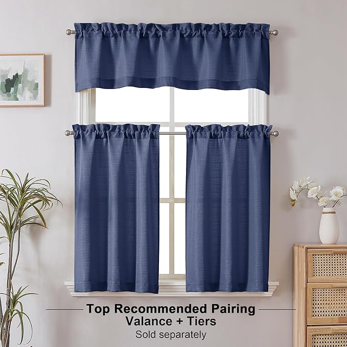 Chyhomenyc Blue Short Curtain Valance for Windows, Faux Linen Textured Half Window Curtains, Burlap Solid Small Curtain for Bathroom Laundry Basement Valance, 60Wx22L Inch, 1 Piece