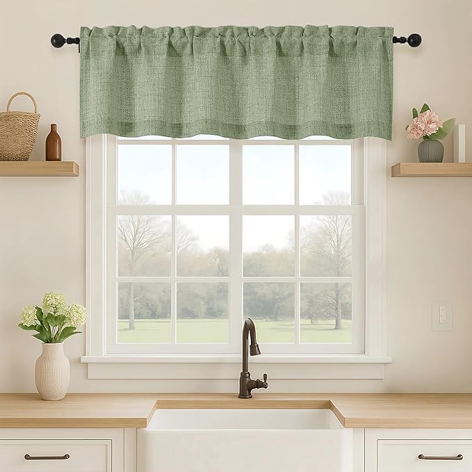 OVZME Green Valance for Windows, Light Filtering Faux Linen Textured Small Short Valance Kitchen Curtain, Dual Rod Pocket Top Short Window Curtain for Bathroom Basement Farmhouse, 1 Piece, 52Wx14L