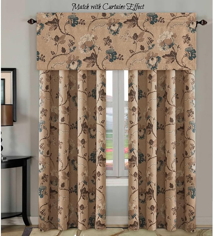 H.VERSAILTEX Blackout Curtain Valances for Kitchen Window/Living Room/Bathroom Privacy Added Rod Pocket Home Decoration Winow Valance, 52" W x 18" L, Floral in Brown and Blue