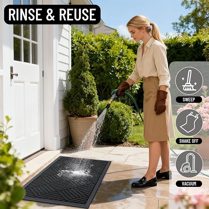 OLANLY Front Door Mat Outside Entrance 47x17, Absorbent, Heavy Duty Sturdy Natural Rubber Doormat Indoor Outdoor, Stain and Fade Resistant, Non-Slip Low Profile Floor Mat for Entryway, Black Diamond