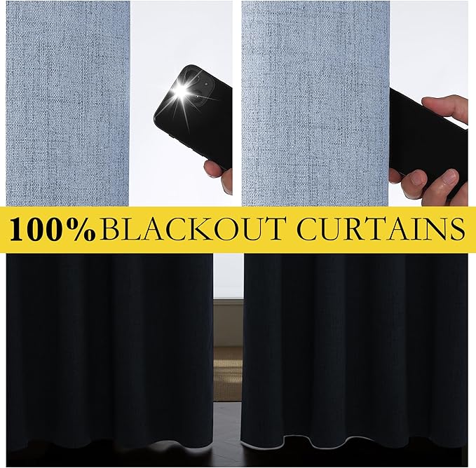 NICETOWN Stone Blue Vintage Linen 100% Blackout Curtains for Living Room, Thermal Insulated Curtains 108" Long, Noise Reducing Window Treatment Drapes for Hall Room, 52" Wide Per Panel, Set of 2
