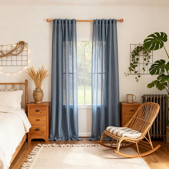 MYSKY HOME Extra Long Sheer Curtains Farmhouse, Sliding Door Curtain for Living Room Light Filtering Privacy Protect Soft Linen Blend Back Tab Window Drapes, 50" x 108", Dusty Blue, 2 Panels