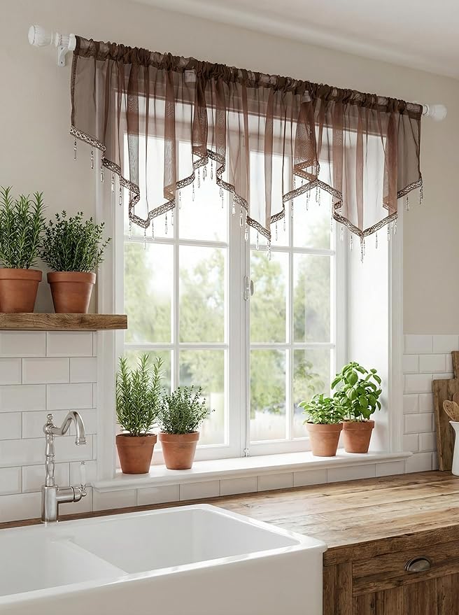 Molaxhome Swag Curtain 51 inch Length Rod Pocket Scalloped Curtain Valance Sheer Lace Panels with Hanging Crystal Beads for Kitchen Bedroom Window Treatments Drape Decor 1pc (Coffee, 51Wx23L)