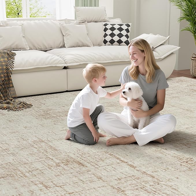 10x12 Area Rugs for Living Room Washable Rug: Anti-Skid Abstract Modern Living Room Rug Soft Thin Carpets Indoor Floor Non-Shedding Carpet for Bedroom Dining Farmhouse Nursery Beige White