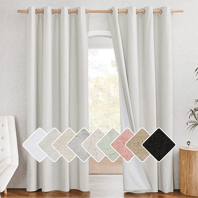 NICETOWN 100% Absolutely Blackout Linen Curtains with Thermal Insulated White Liner, Ivory, W52, 2 Pieces, Noise Reducing Textured Linen Look Curtains for Windows 90 inch Length for Classroom