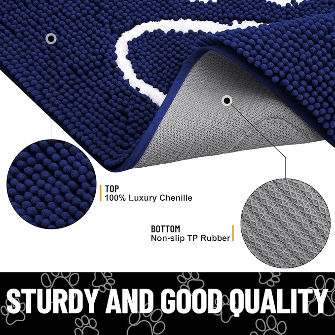 Smiry Dog Door Mat for Muddy Paws, Absorbent Dirt Trapper Non Slip Quick Dry Washable Chenille Mat for Mud Dogs, Entry Rug for Indoor and Outdoor (47x32 Inches, Navy Blue and White)