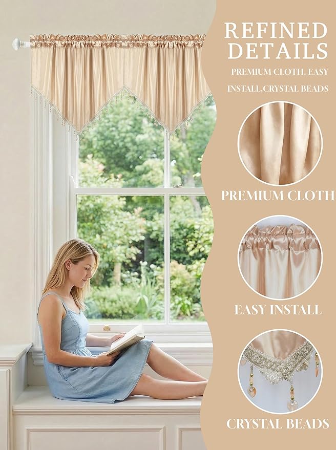 Molaxhome Swag Curtain 51 inch Length Rod Pocket Scalloped Curtain Valance Sheer Lace Panels with Hanging Crystal Beads for Kitchen Bedroom Window Treatments Drape Decor 1pc (Cloth Beige, 51Wx23L)