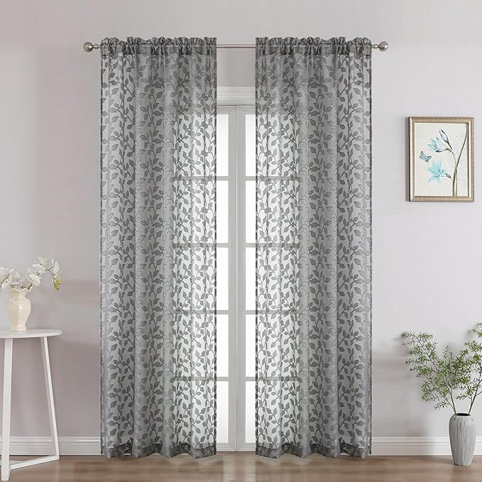 Chyhomenyc Charcoal Grey Sheer Curtains 84 Inch Length 2 Panels Set, Light Filtering Tufted Textured Soft Airy Rod Pocket Gentle Leaf Window Treatment Drapes for Bedroom Living Room, 42" Wx84 L, 2PCS