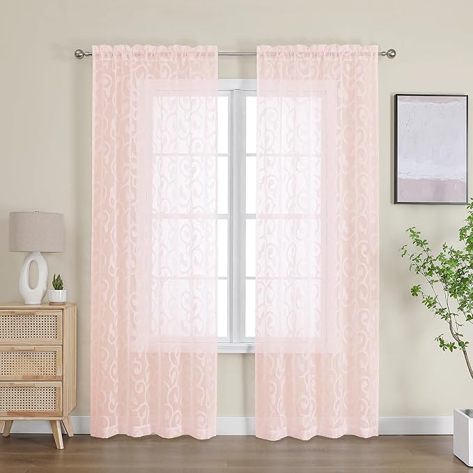OWENIE Furman Sheer Curtains 84 inches Long for Bedroom Living Room 2 Panels Set, Clip Jacquard Solid Blush Pink Semi Sheer Curtains, Light Filtering Rod Pocket Curtain, 40Wx84L inch