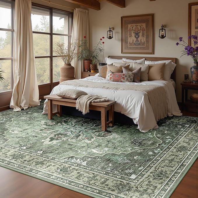 Area Rugs 8'x10' Washable Non-Slip, Floral Vintage Distress Print Pattern Medallion Carpet for Living Room Bedroom Dining Room, Dark Green Gray