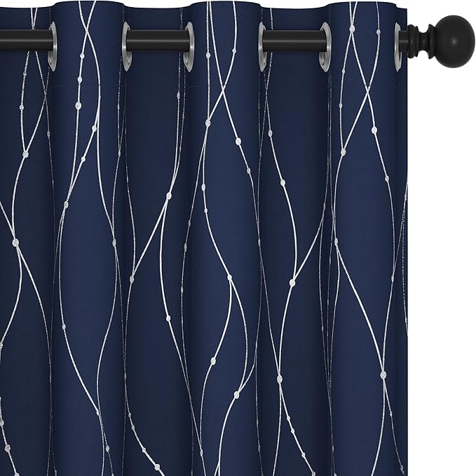 Deconovo Blackout Curtains for Living Room, Thermal Insulated Soundproof Drapes, Wave Dots Silver Print, 52 x 95 Inches Long, 2 Panels, Machine‑Washable Window Panel for Bedroom Patio Door, Navy Blue