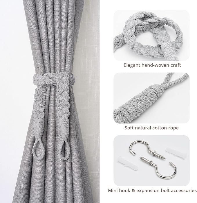 NICEEC 2 Pack Natural Cotton Rope Curtain Tiebacks Elegant Boho Style Decorative Drape Tie Backs Soft Hand-Woven Rope Curtain Holdbacks with Metal Hook for Home & Office Drapery (Light Grey)