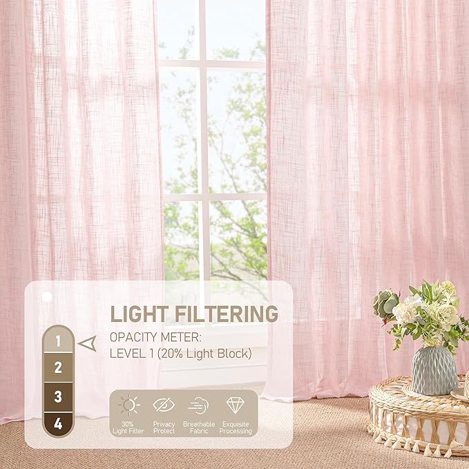 LAMIT 95 Inches Long Pink Linen Curtains for Living Room, Back Tab and Rod Pocket Semi Sheer Curtains Light Filtering Farmhouse Drapes for Bedroom/Dining Room, Set of 2, 52 x 95 Inch