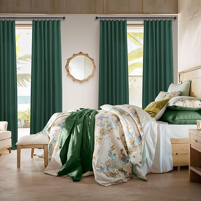 Dark Green Curtains 108 Inches Long for Living Room 2 Panels Back Tab Pocket Semi Sheer Linen Deep Hunter Forest Curtains for Patio Door Aesthetic Academia Decor Christmas Background Cortinas Verdes