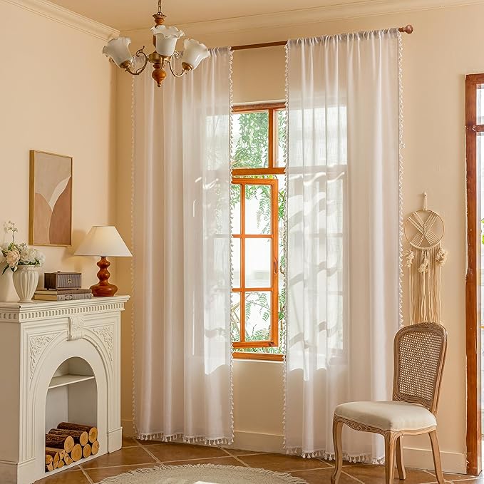 MYSKY HOME 84 inches Length White Curtains with Macrame for Living Room, Semi Sheer Farmhouse Style Light Filtering Back Tab Curtains for Sliding Glass Door, 50" Wide, Pure White，2 Panels