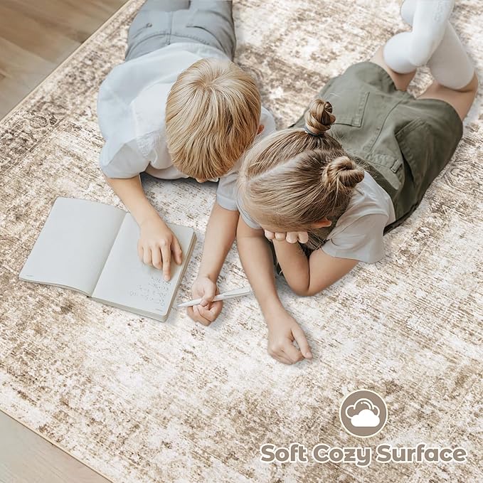 Area Rug 8x10 Washable Rug, Vintage Boho Medallion Rugs Non-Slip Soft Low Pile Large Distressed Rug Indoor Retro Carpet for Living Room Bedroom Dining Room Home Office (Brown, 8'x10')