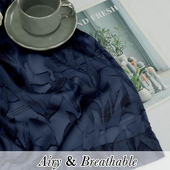 Lecloud Leia Navy Blue Sheer Kitchen Curtains 30 Inch Length 2 Pcs, Leaf Textured Voile Modern Jacquard Tiers, Dual Rod Pocket Window Treatments for Bedroom Living Room, Each Panel 28" W x 30" L