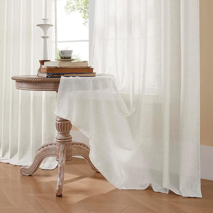 Joydeco Light Filtering Curtains 90 Inch Length for Bedroom, Linen Curtains 90 Inch Length 2 Panels Set for Living Room，White Semi Sheer Drapes 90 Inches Long with Rod Pockets