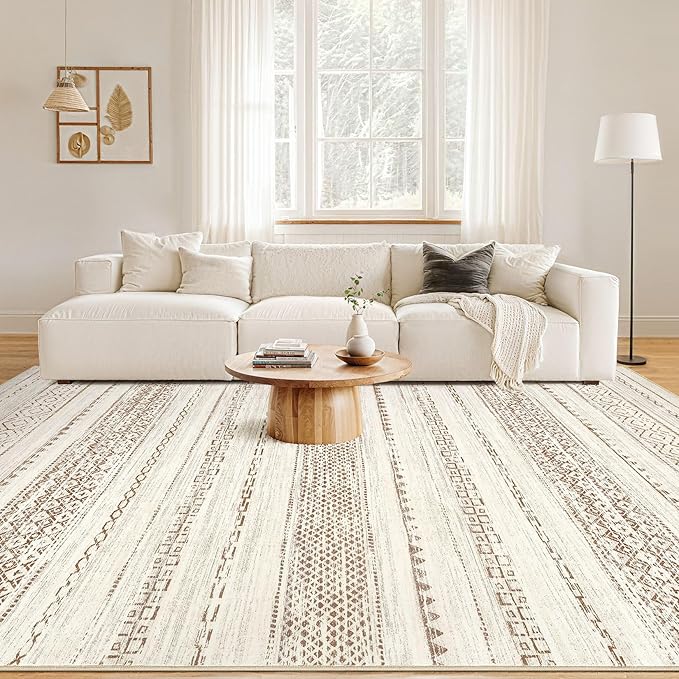 Nakagishi 10x14 Area Rugs Living Room: Washable Boho Large Neutral Modern Soft Farmhouse Rug Stain Resistant Indoor Non-Slip Accent Carpet for Bedroom Nursery Kids Playroom Office Dining Room- Brown
