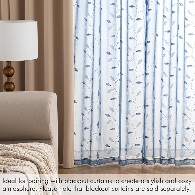 MIULEE Dusty Blue Sheer Curtains 2 Panels Embroidered Leaf Patterned Rod Pocket Floral Semi Sheer Faux Linen Window Curtains Drapes Set for Living Room Bedroom Dining Room, 52x84 Inches Long