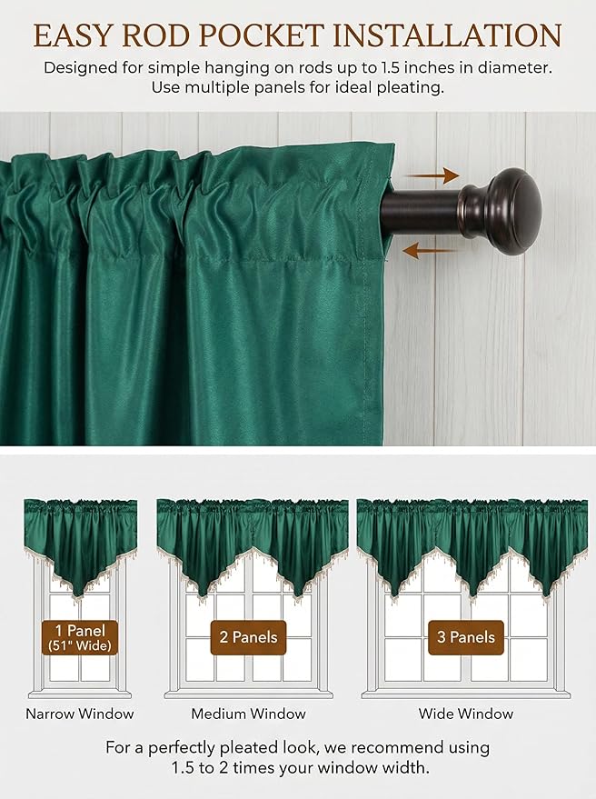 Molaxhome Swag Curtain 51 inch Length Rod Pocket Scalloped Curtain Valance Sheer Lace Panels with Hanging Crystal Beads for Kitchen Bedroom Window Treatments Drape Decor 1pc (Cloth Green, 51Wx23L)
