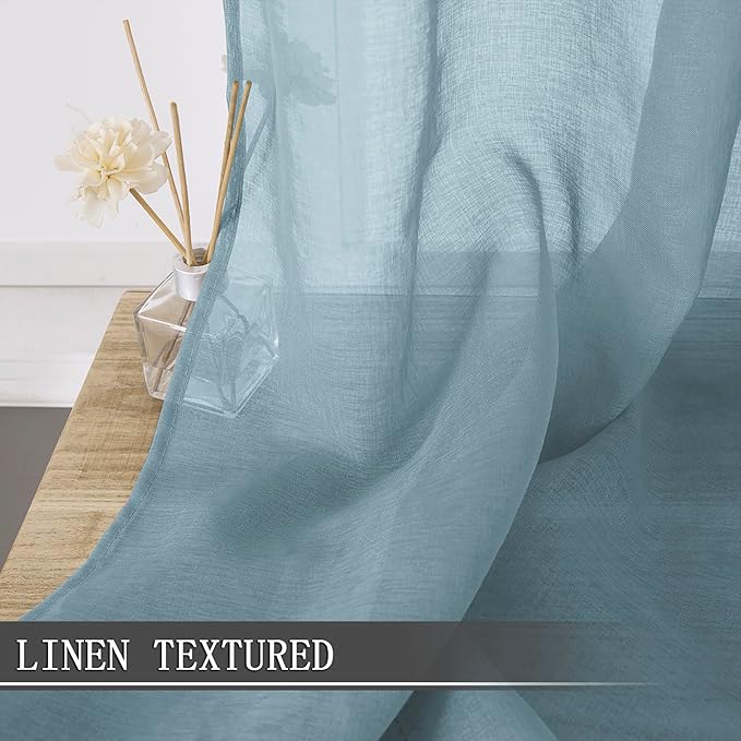 Tollpiz Sheer Curtains Linen Textured Bedroom Curtain Sheers Light Filtering Rod Pocket Voile Curtains for Living Room, 54 x 84 inches Long, Dusty Blue, Set of 2 Panels