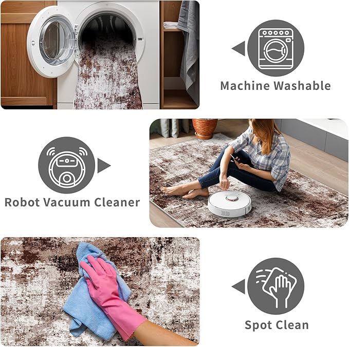 4x10 Wide Washable Runner Rug: Easy-to-Clean Runners for Hallway Entryway Kitchen Bedroom Living Room - Stain and Water Resistant Rugs with Non-Slip Backing - Soft Low-Pile Carpet Brown Khaki White