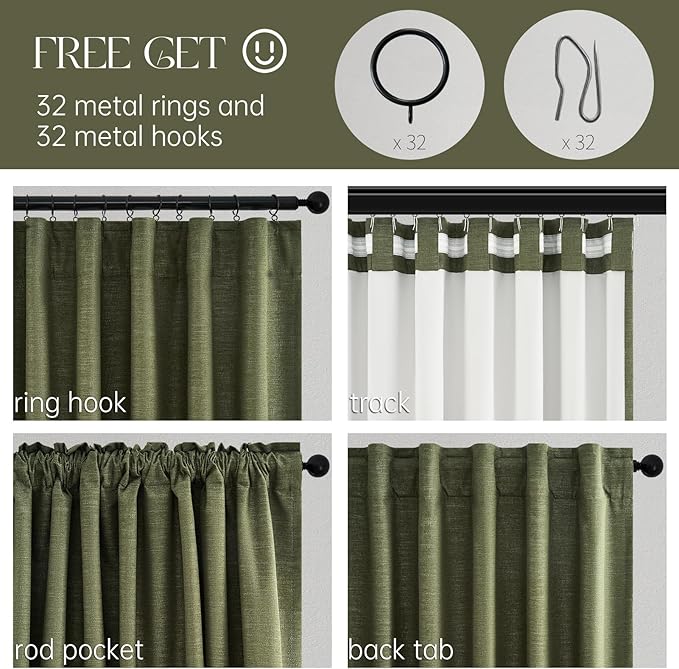Topfinel 90 Inch Long Linen Blackout Curtains 2 Panels Set, Back Tab Pinch Pleated with Hooks, Thermal Insulated Modern Neutral Decor Window Curtain Drapes for Bedroom,- Loden/Olive Forest W52 x L90