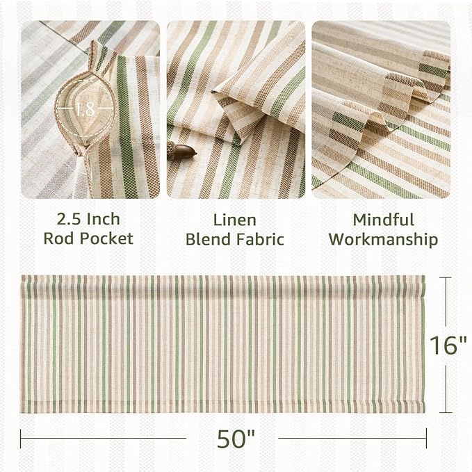 jinchan Valance Curtain Linen Textured Striped Window Curtain for Living Room Light Filtering Farmhouse Valance for Kitchen Rod Pocket 1 Panel 16 Inch Multi Green on Linen