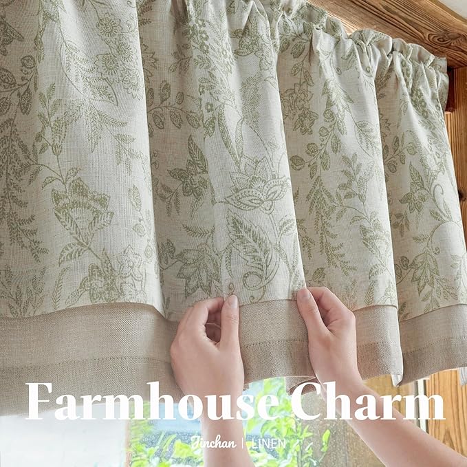 jinchan Linen Valance Curtain Farmhouse Floral Printed Small Window Curtain for Kitchen Rustic Country Light Filtering Valance for Living Room Bedroom 16 Inch Rod Pocket 1 Panel Sage Green on Beige