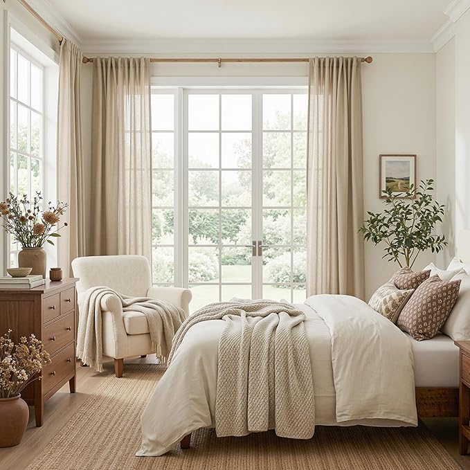 MYSKY HOME Taupe Curtains for Beroom Liivng Room 84 Inch Length 2 Panels Set, Semi Sheer Soft Touch Light Filtering Drapes for Sliding Glass Door Farmhouse Boho Curtain, 50" Wide, Taupe, 2 PCs