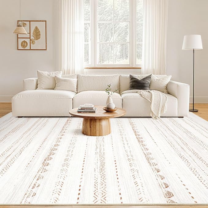 Nakagishi 7x9 Area Rug Living Room: Washable Boho Large Neutral Soft Farmhouse Modern Rugs Stain Resistant Moroccan Non-Slip Indoor Carpet for Bedroom Nursery Kids Playroom Office Dining Room- Brown
