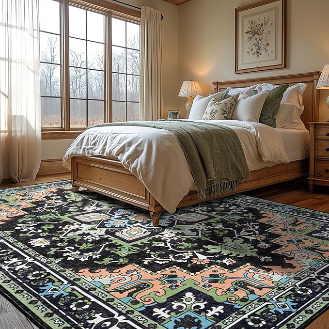 Lofus 8x10 Area Rugs, Large Area Rug for Living Room, Floral Washable Area Rug for Bedroom, Office, Dining Room, Non-Slip Vintage Boho Rug, Low-Pile Soft Carpet, Traditional Oriental Style, Dark Green