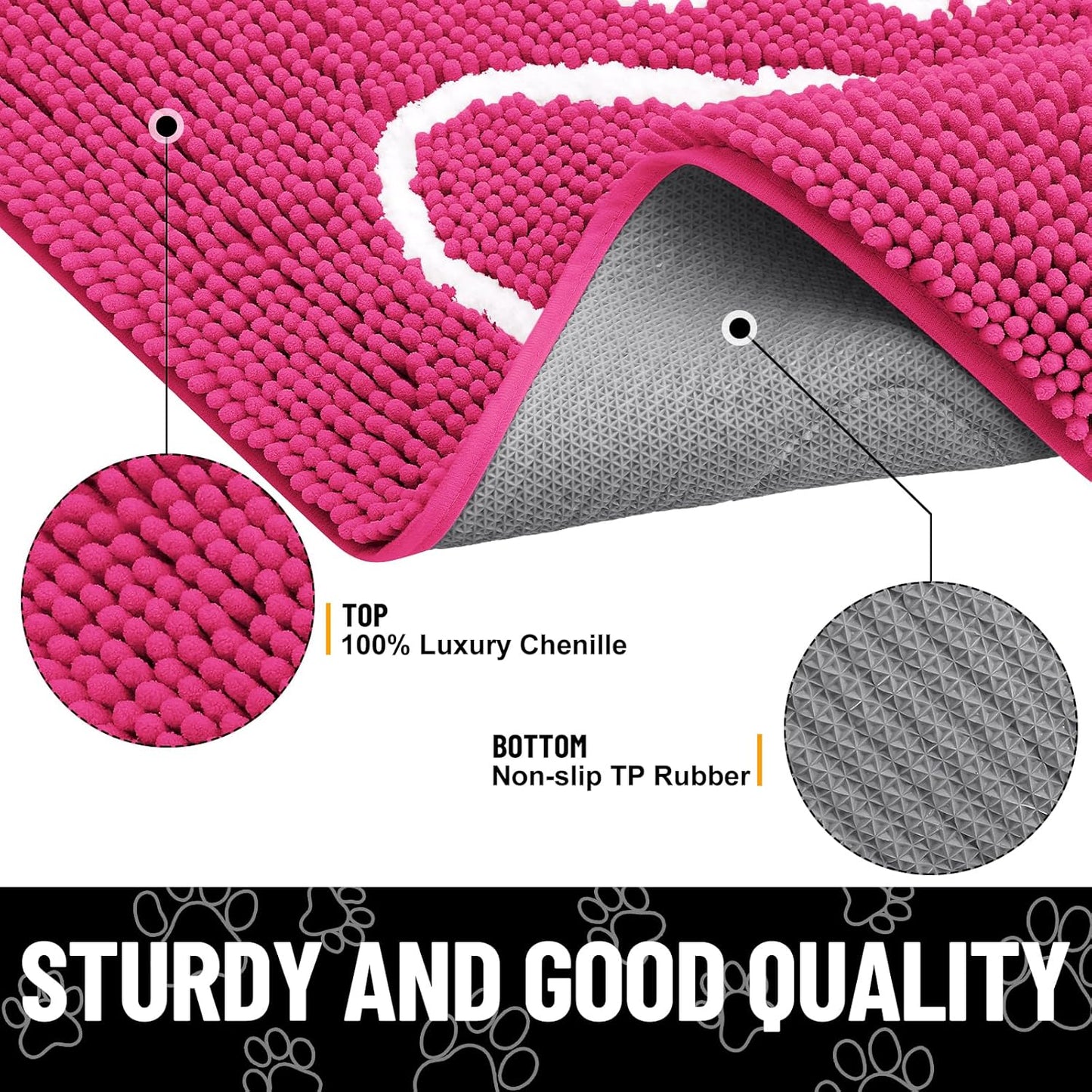 Smiry Dog Door Mat for Muddy Paws, Absorbent Dirt Trapper Non Slip Quick Dry Washable Chenille Mat for Mud Dogs, Entry Rug for Indoor and Outdoor (36x24 Inches, Hot Pink)