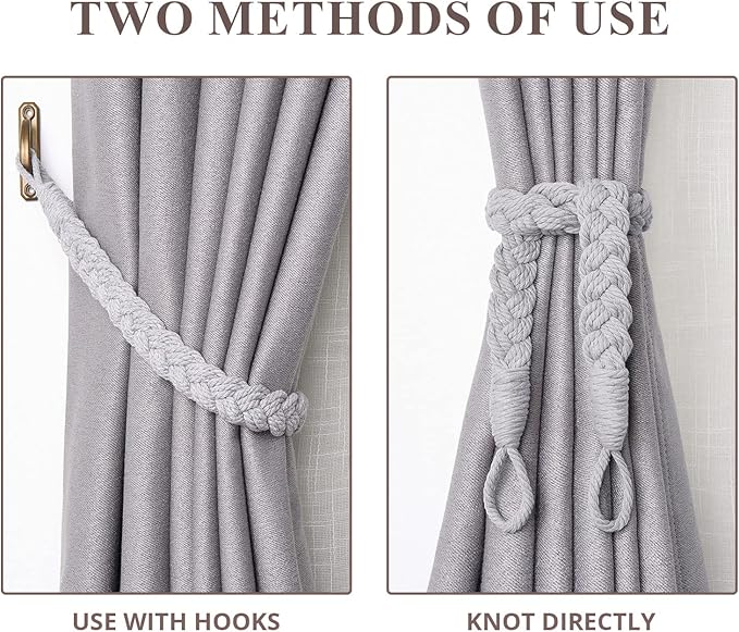 NICEEC 4 Pack Natural Cotton Rope Curtain Tiebacks Elegant Boho Style Decorative Drape Tie Backs Soft Hand-Woven Rope Curtain Holdbacks with Metal Hook for Home & Office Drapery (Light Grey)