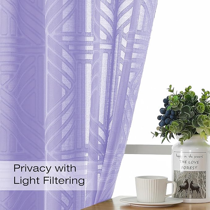 Simplebrand Lavender Semi Sheer Curtains 63 Inch Length 2 Panels, Light Filtering Geometric Jacquard Clip Textured Short Sheer Curtains for Bedroom，Modern Elegant Window Curtains Drapes，42x63 inch