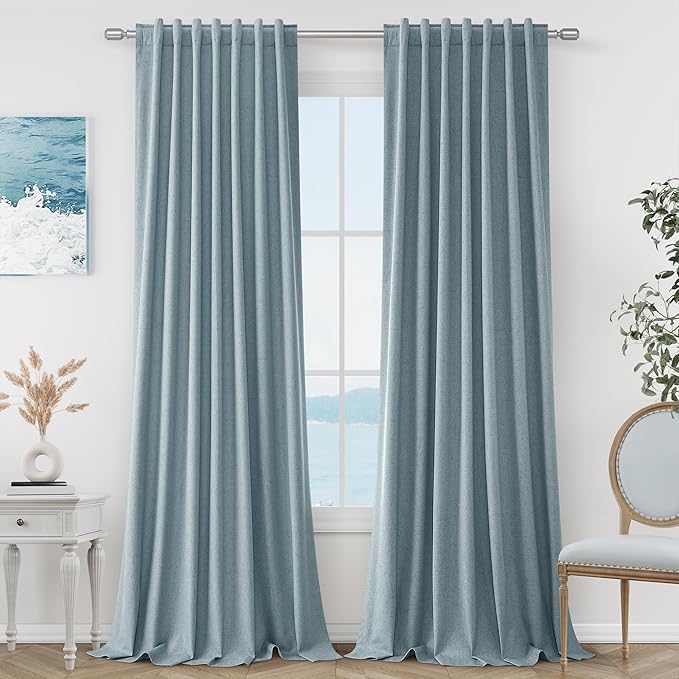Guken Blue 100% Blackout Linen Curtains 108 Inch Length 2 Panels Set for Living Room Bedroom Back Tab Thermal Insulated Black Out Drapes Room Darkening Farmhouse Style for Bedroom Window Curtains