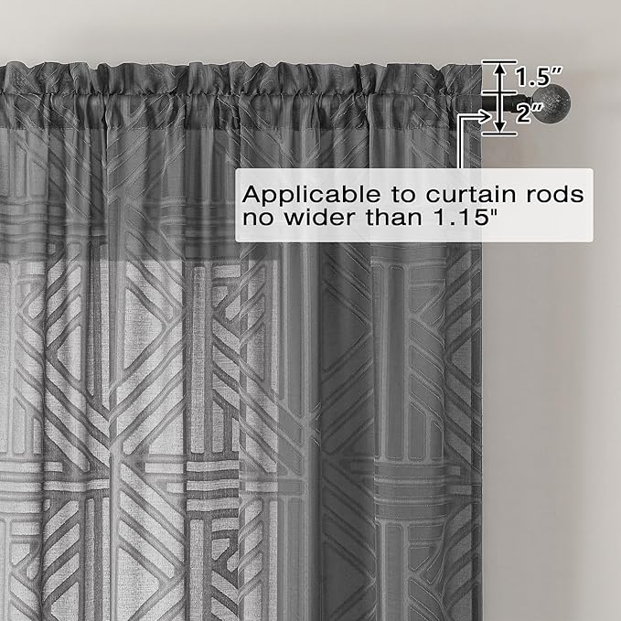 Simplebrand Semi Sheer Charcoal Grey Curtains 96 Inches Long 2 Panels, Light Filtering Geometric Jacquard Clip Textured Sheer Curtains for Living Roon，Modern Elegant Window Curtains Drapes, 52x96 inch