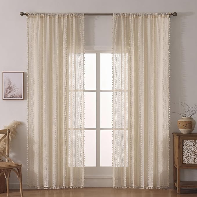 WAZZIO Boho Lace Curtains 80 Inches 2 Panel,Light Filtering Privacy Tassel & Geometry Crochet Semi Sheer Curtain Drapes for Bedroom Living Dining Room,Rod Pocket & Tassel,Vintage Farmhouse Decor,Beige
